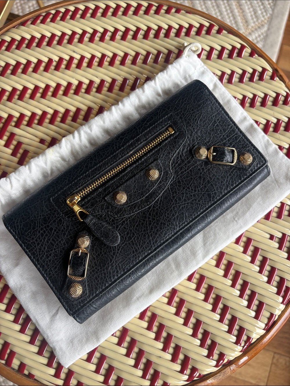 Balenciaga Deep Charcoal Leather Wallet with Gold Accents